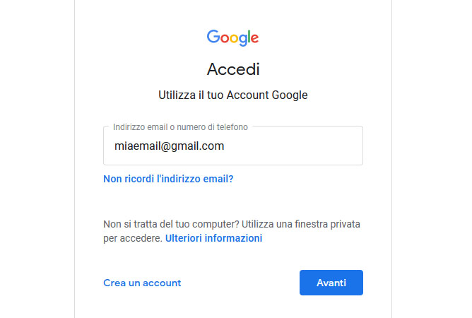 Inserisci la email Gmail e la password. Serve una mail Gmail
