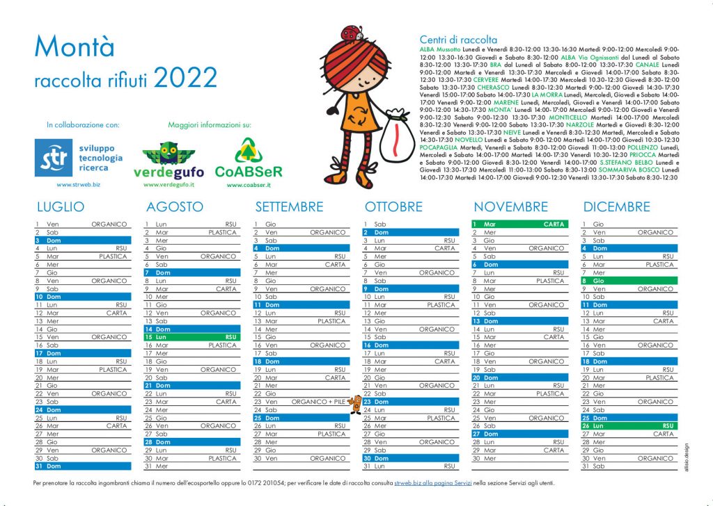 Calendario per la raccolta rifiuti a Montà 2022