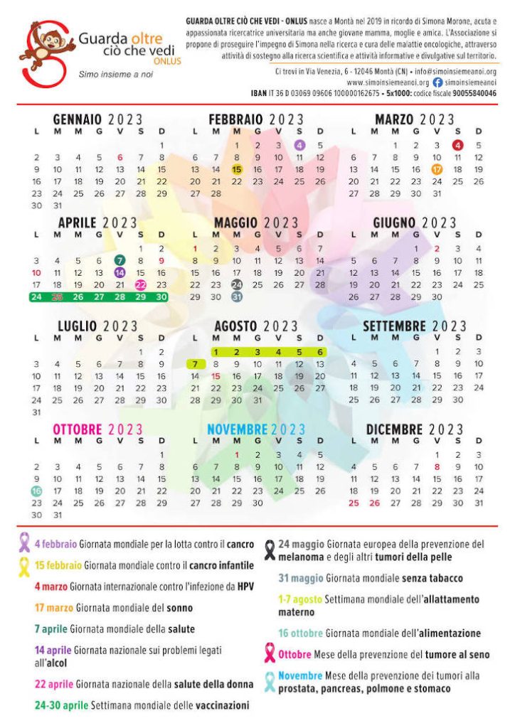 Calendario giornate contro il cancro. Associazione Guarda oltre ciò che vedi